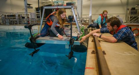students working on engineering project in a pool 