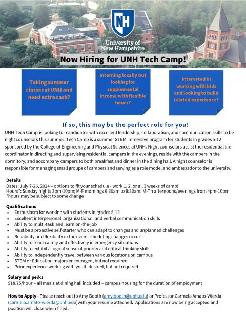 UNH Tech Camp advertisement for Night Counselors 